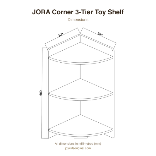 JORA Corner 3-Tier Toy Shelf dimensions — 300 x 300 x 600 mm