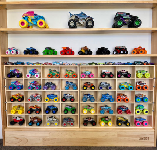 JCAR Monster solid pine display rack with 20 deep slots for monster trucks and 1:43 cars