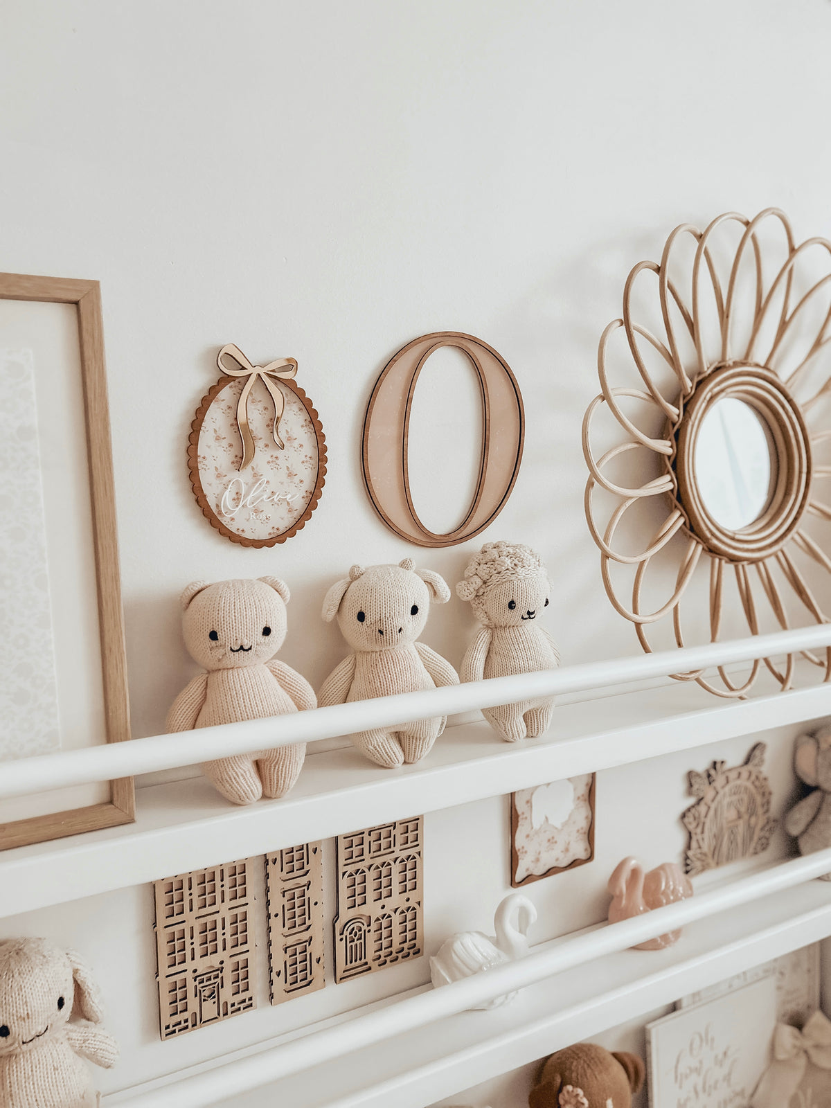Slim-line front-facing nursery bookshelf in natural pinewood