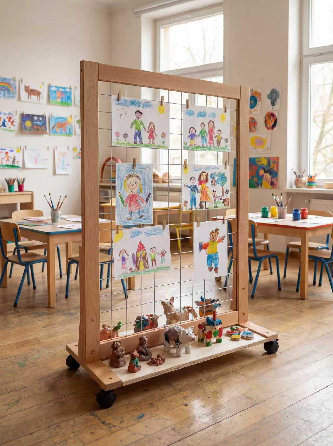 Mobile wire-grid art rack on wheels for classrooms and playrooms