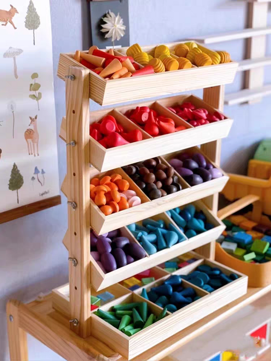 Space-smart adjustable wooden display organiser for loose parts and toys