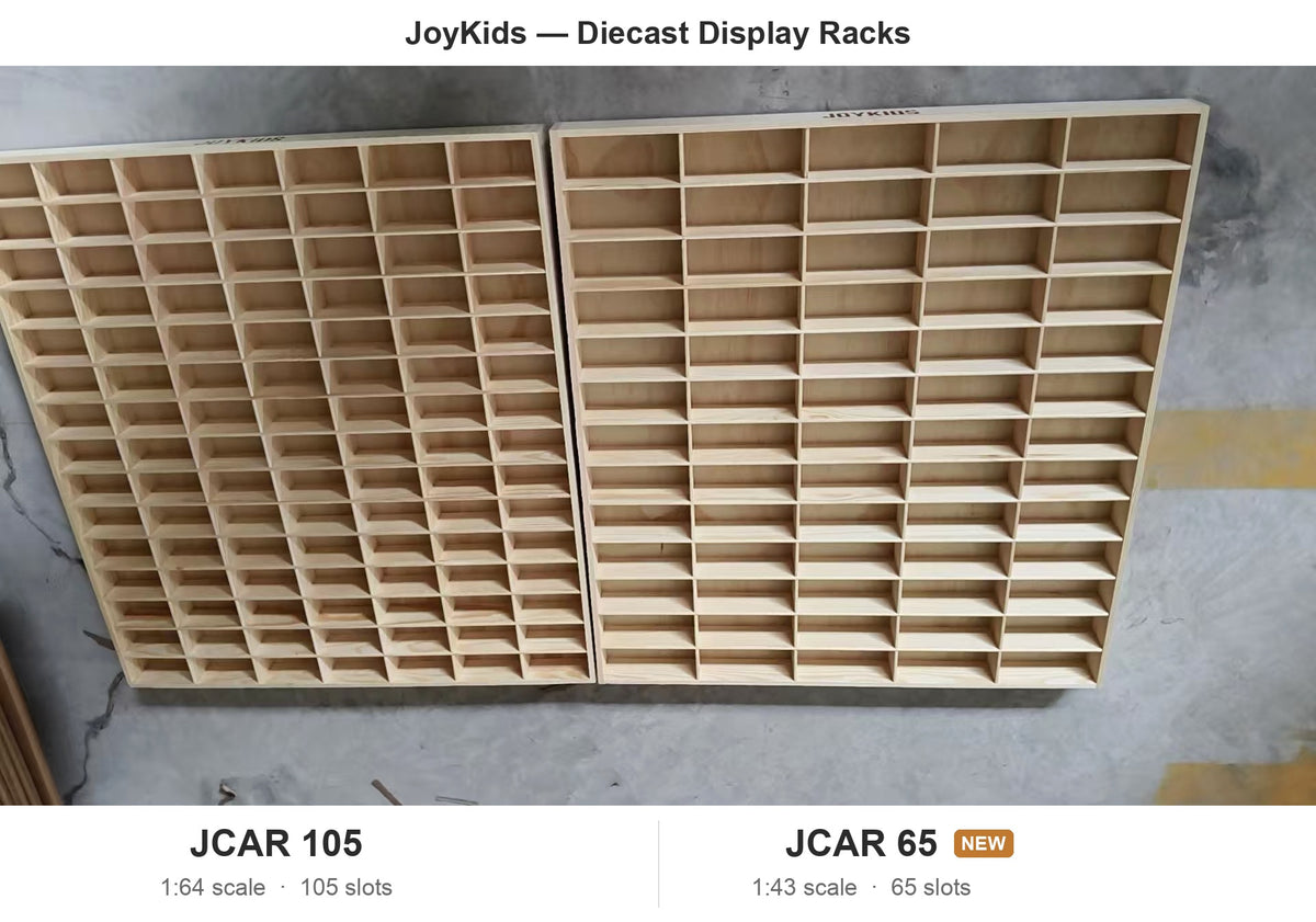 Size comparison of the JCAR 105 (105 slots, 1:64) and JCAR 65 (65 slots, 1:43) display racks