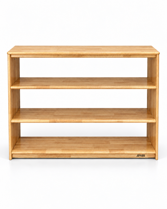 JORA 4 empty four-tier open-ended rubberwood toy shelf on a white studio background