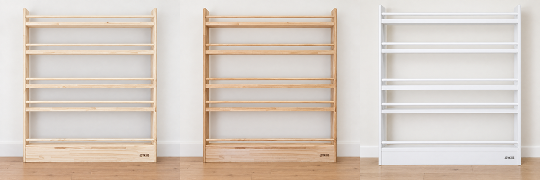 JORY 5 front-facing bookshelf in its three finishes side by side: raw wood, varnished wood and white