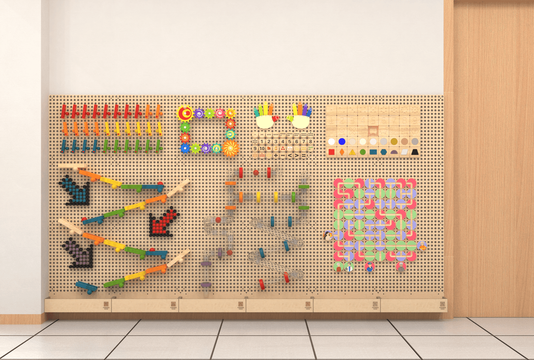 WonderWall STEM activity wall — modular birch pegboard system for kids