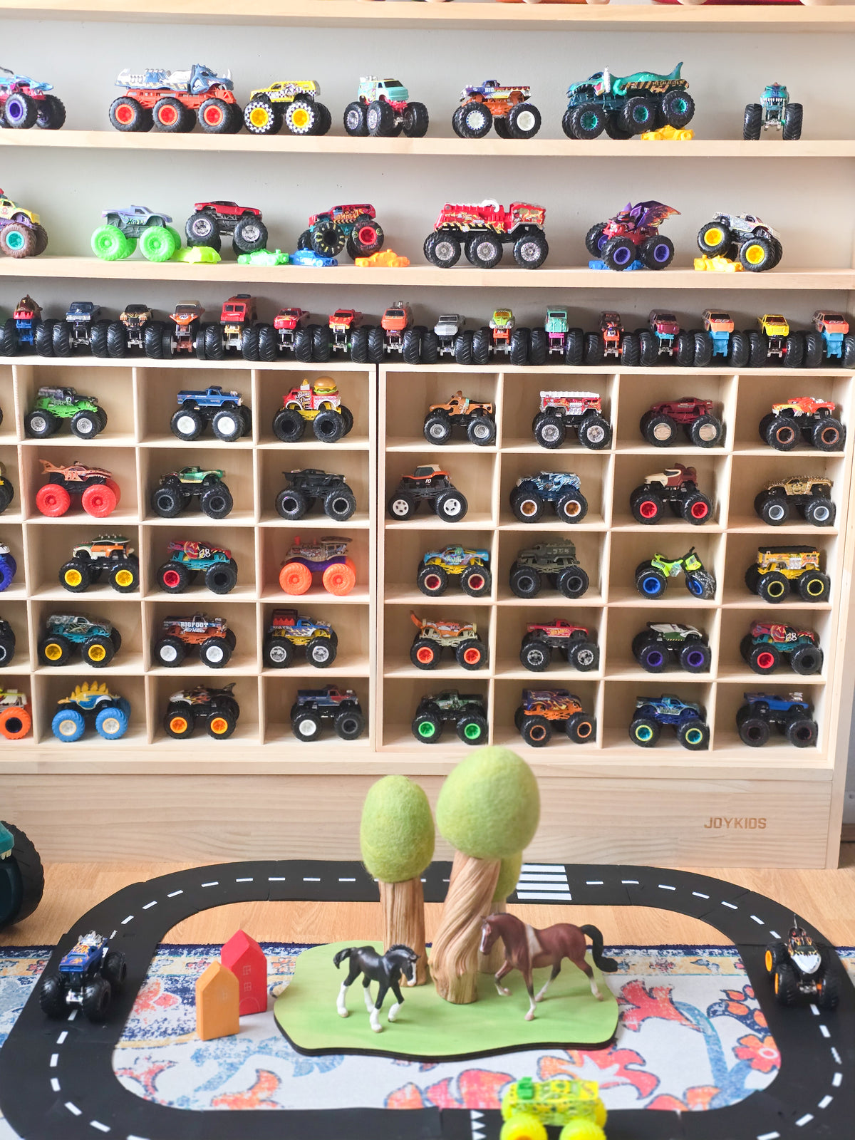 Solid pinewood monster truck display rack, wall-mounted or freestanding