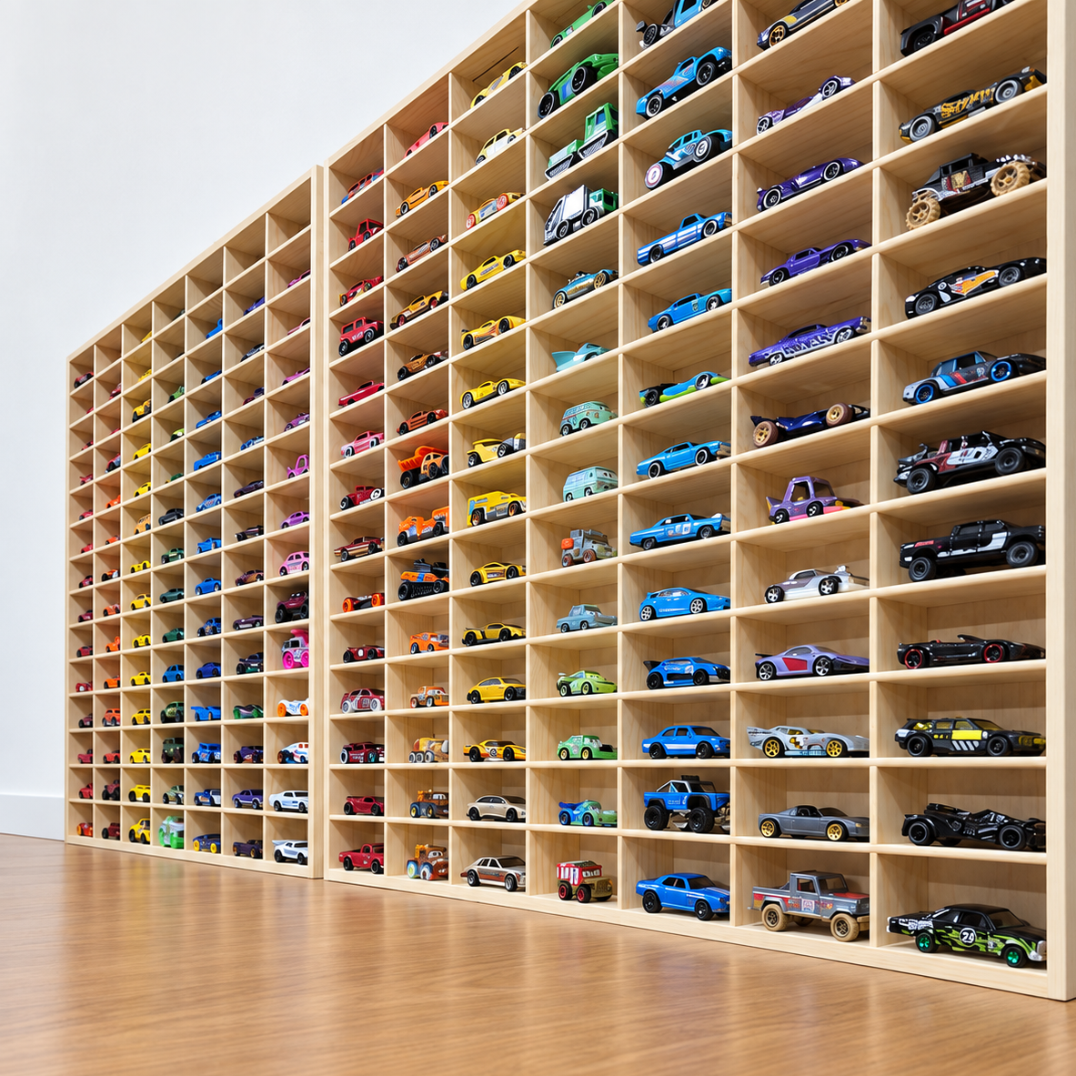 A large wooden toy car organizer with dozens of colorful miniature race cars displayed in individual compartments, set against a white wall and light wood floor.