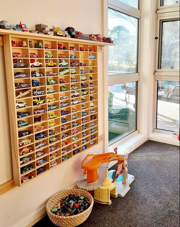 Large wooden 105-car display and storage rack for Hot Wheels and Matchbox cars