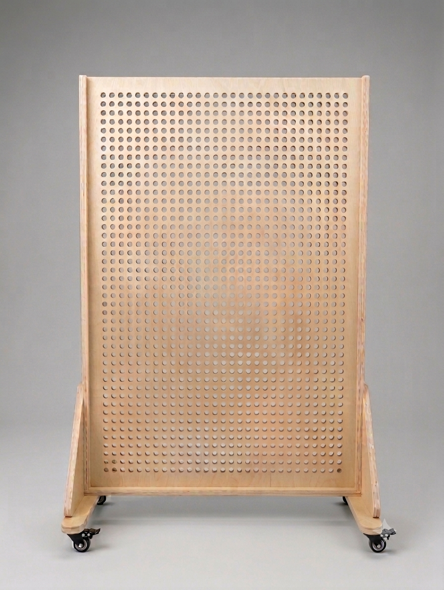 Empty JSTEM 120 double-sided birch plywood pegboard panel on its rolling frame