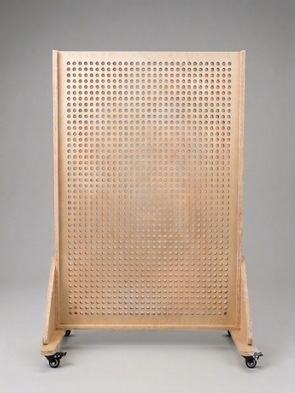 Empty JSTEM 120 double-sided birch plywood pegboard panel on its rolling frame