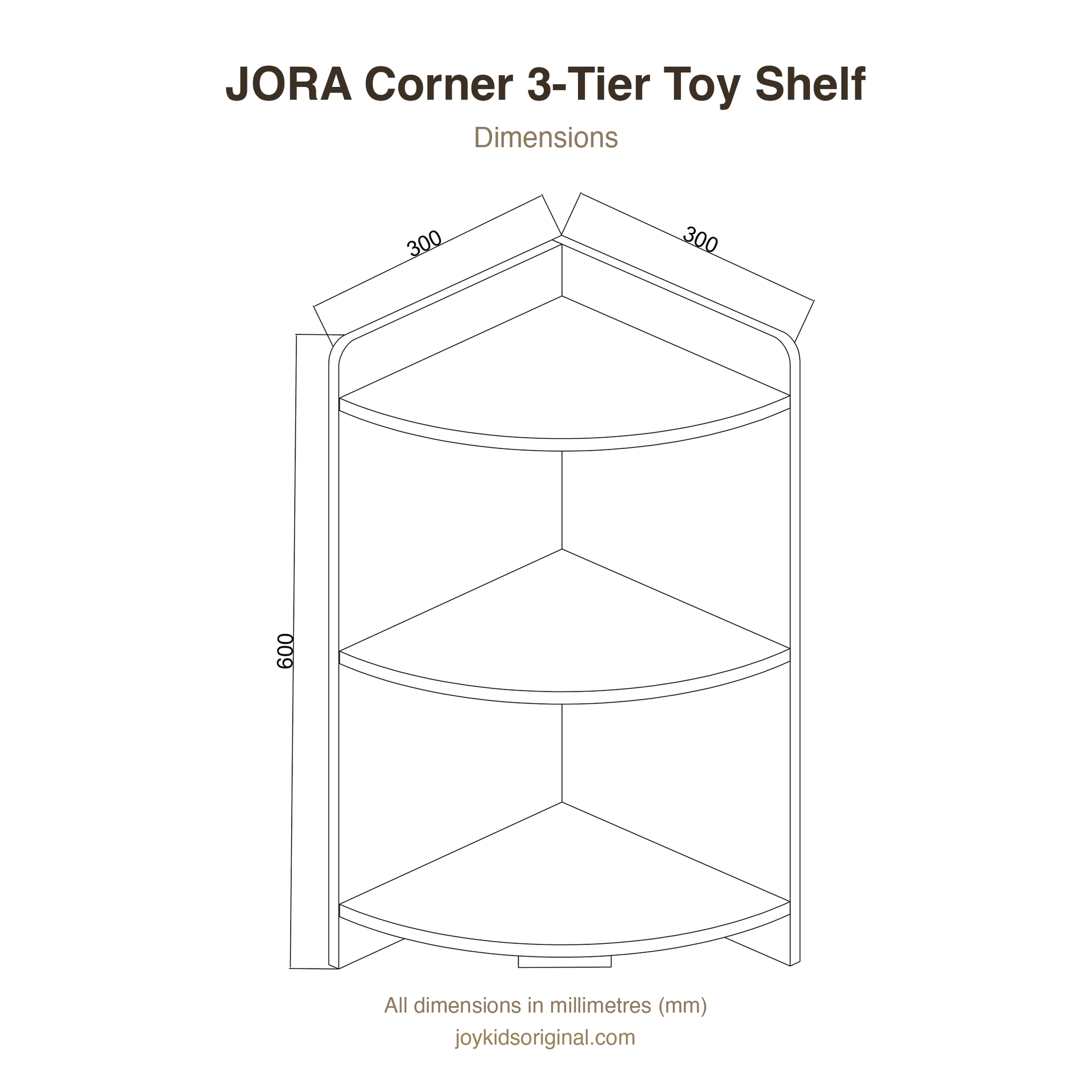 JORA Corner 3-Tier Toy Shelf dimensions — 300 x 300 x 600 mm