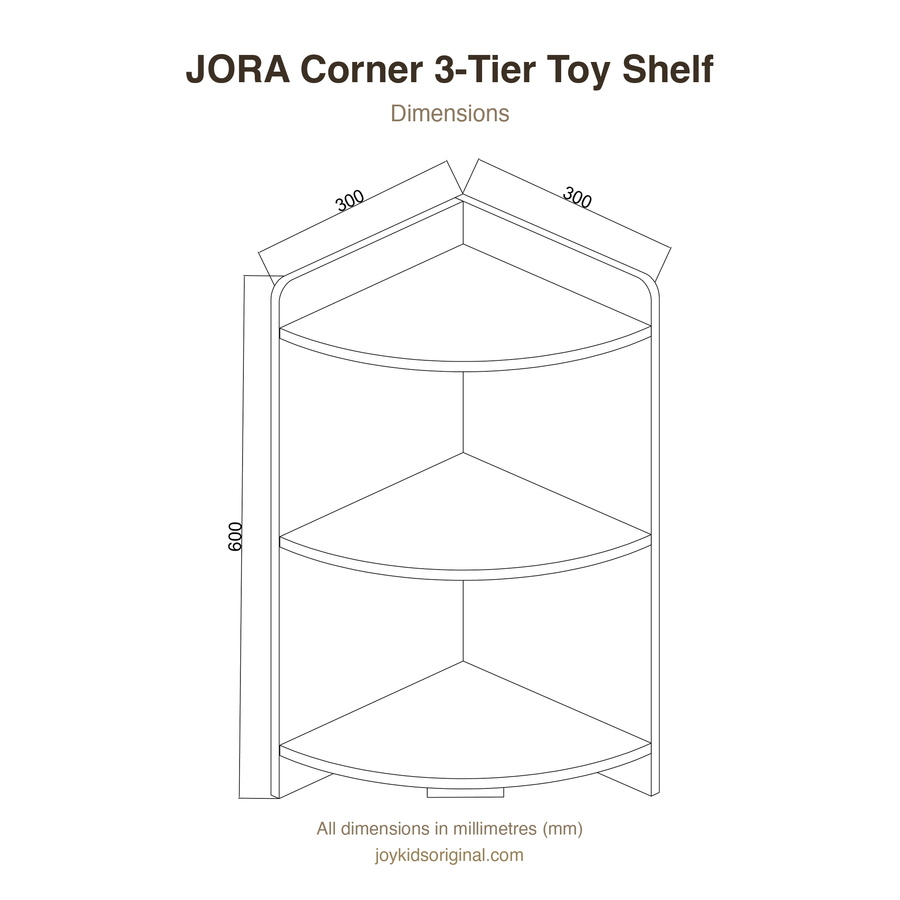 JORA Corner 3-Tier Toy Shelf dimensions — 300 x 300 x 600 mm