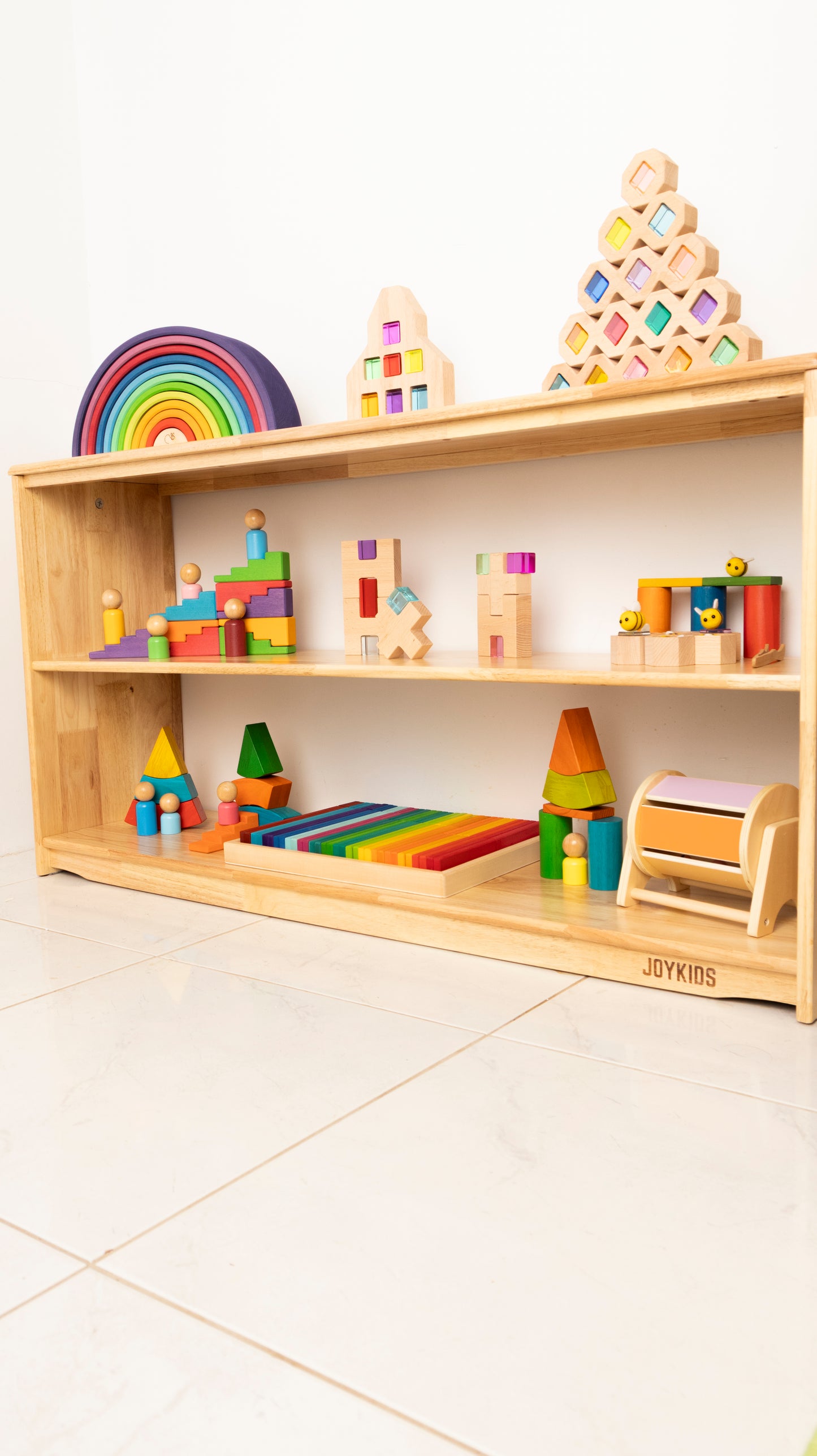 (NEW) 3 Tier Open-ended Toy Shelf -- Varnished Solid HardWood