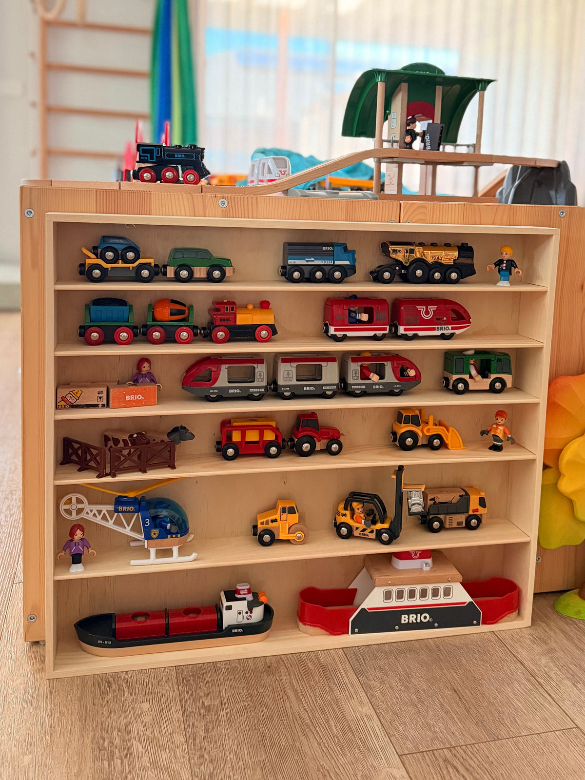 Wooden toy-train display and storage rack for Thomas, BRIO and wooden train sets