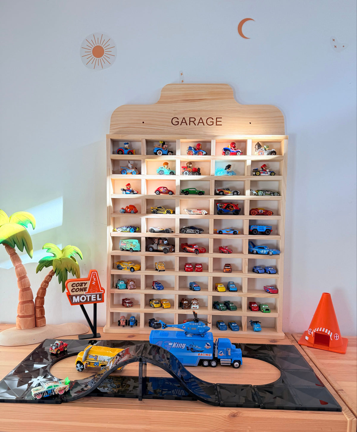 JCAR Garage solid pine diecast display rack with 50 slots and a laser-engraved GARAGE sign