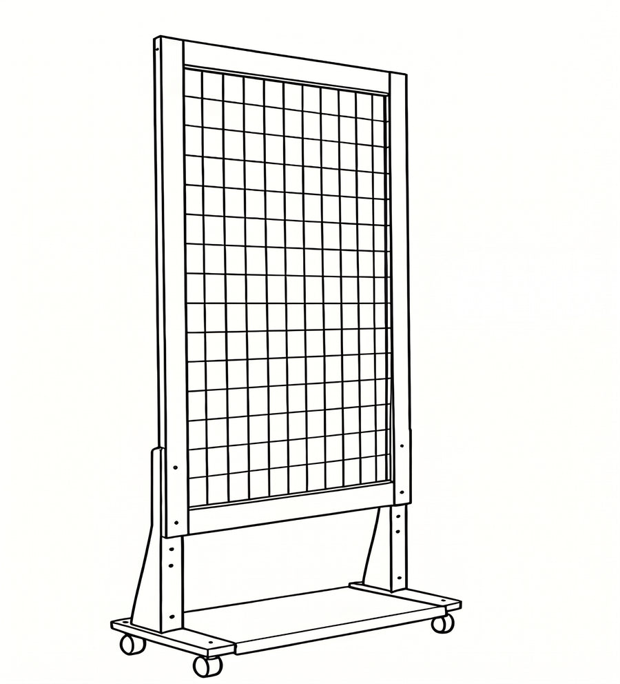 Line drawing of the JART mobile art rack: a beechwood frame holding a wire grid, with adjustment holes along both uprights, a plywood base shelf and four castors