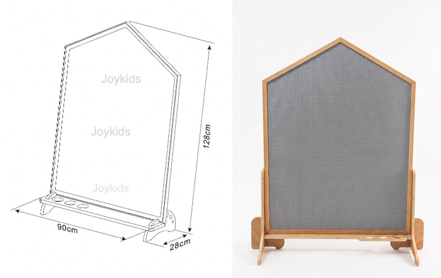 Left, the original design: the board leaning back on a shallow base, marked 128 cm tall, 90 cm wide, 28 cm deep. Right, the board as it ships now, standing upright on its own feet