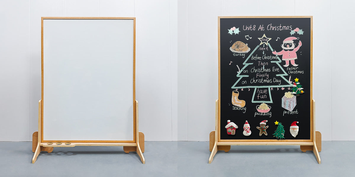 The Whiteboard & Chalkboard Duo seen from both sides: the blank white magnetic face on the left, the black chalkboard face covered in chalk drawings on the right