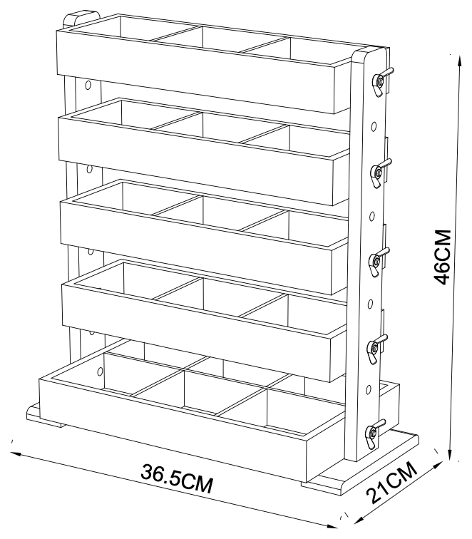 JBOX five-tier loose-parts organiser dimensioned drawing, 46 x 36.5 x 21 cm, showing the tilted trays and the thumb screws on the drilled upright