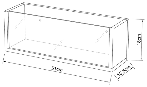 Dimensioned drawing of the JBOX wood-framed acrylic storage box: 51 cm wide, 15.5 cm deep, 18 cm high