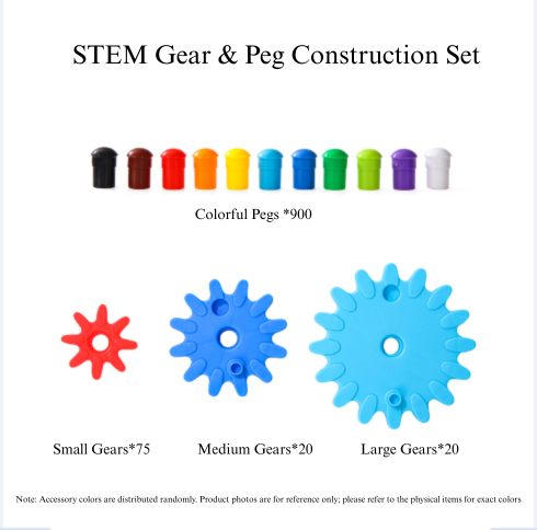 The set's contents: 900 coloured pegs, 75 small gears, 20 medium and 20 large
