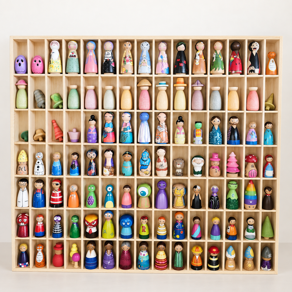 JCAR 105 rack filled with painted wooden peg dolls instead of cars