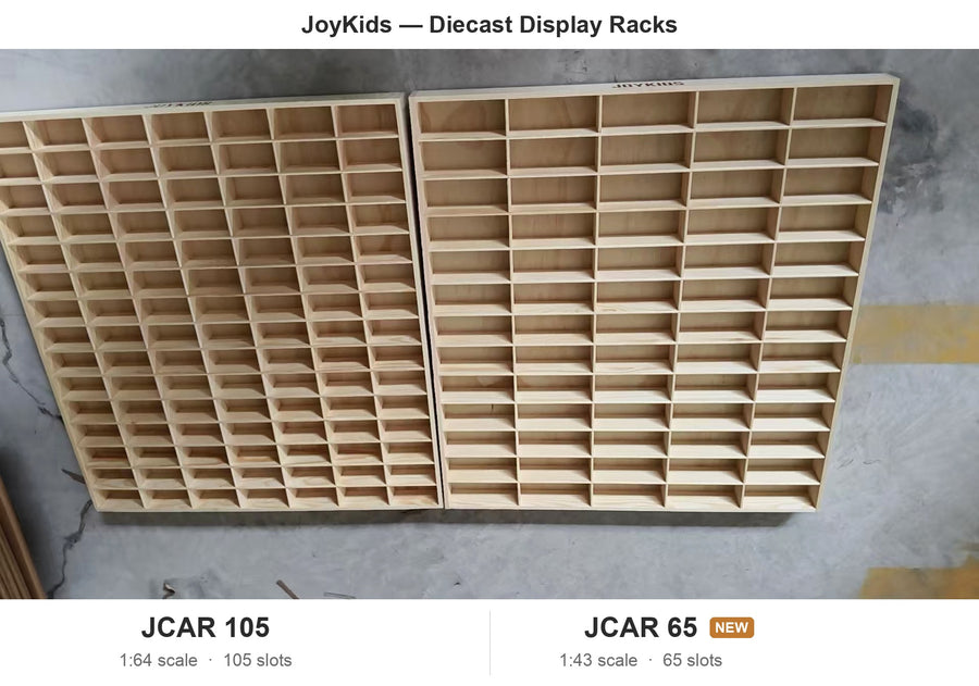 Size comparison of the JCAR 105 (105 slots, 1:64) and JCAR 65 (65 slots, 1:43) display racks