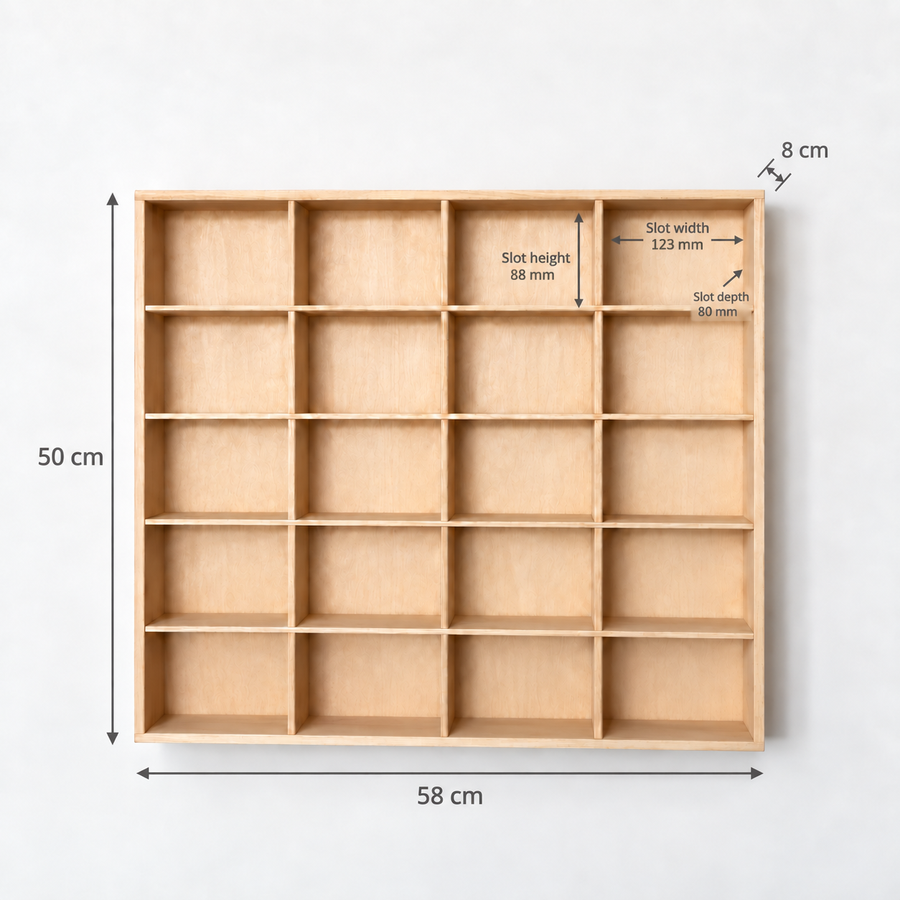 JCAR Monster display rack dimensions: 58 cm wide, 50 cm high, 8 cm deep, with 20 slots each 123 mm wide, 88 mm high and 80 mm deep