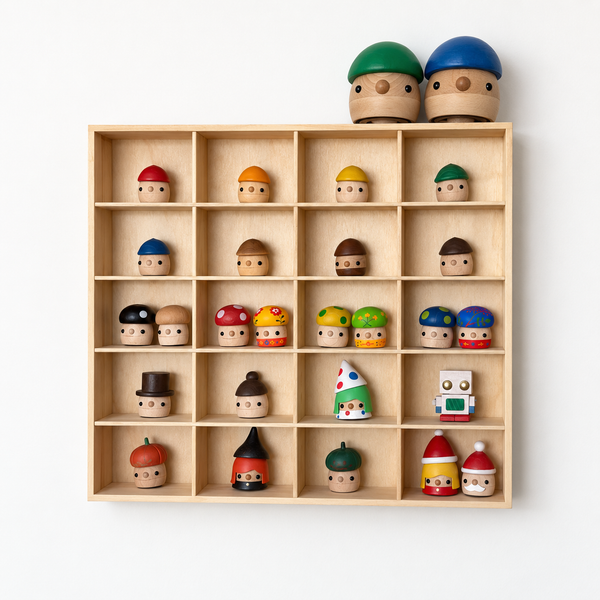 JCAR Monster 20-slot rack holding wooden mushroom peg dolls instead of monster trucks