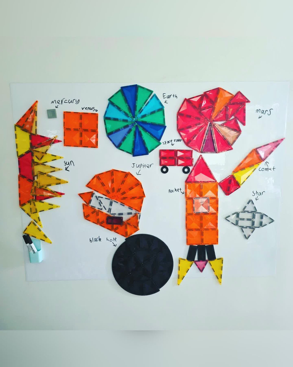 Magnetic marker wall decal with a magnetic-tile solar system and planet names written in marker