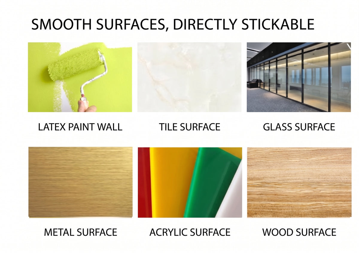 The smooth surfaces a JoyKids magnetic decal sticks to: latex painted wall, tile, glass, metal, acrylic and wood