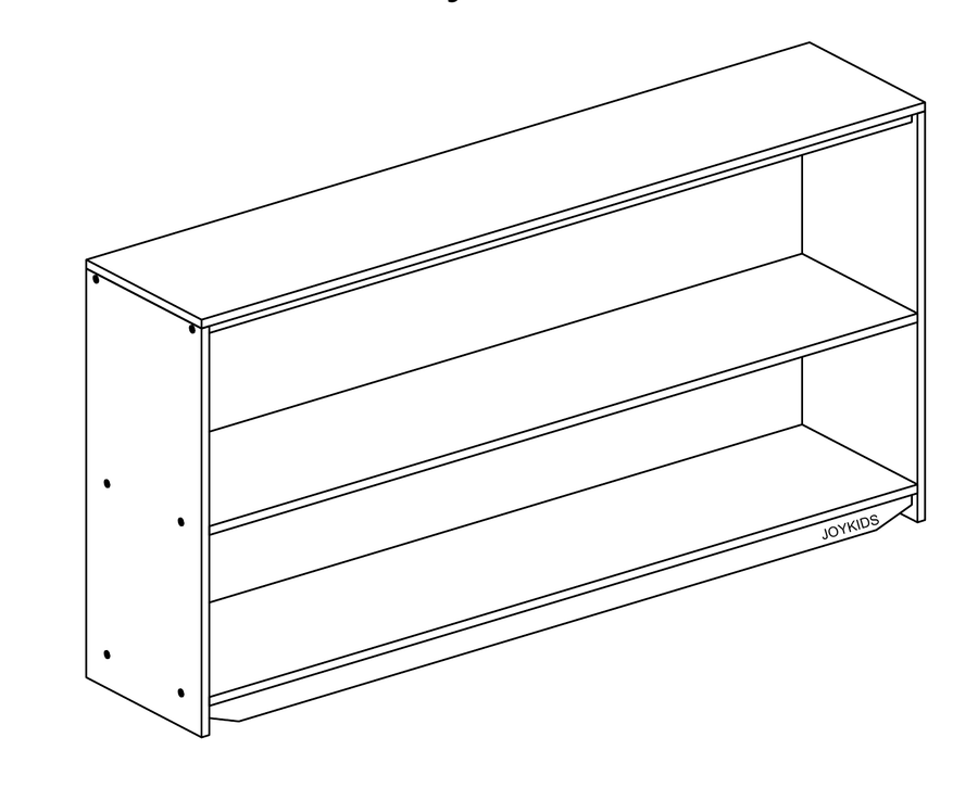 Line drawing of the JORA 3 open-ended toy shelf from the assembly instructions — three tiers between two side panels, seen from the front and open straight through to the back