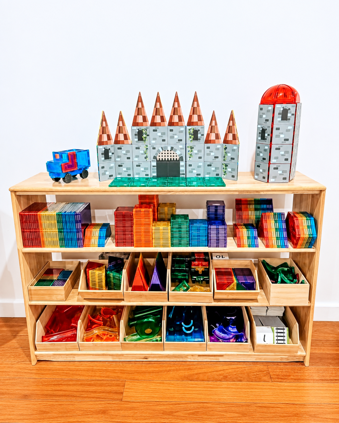 JORA 4 open-ended toy shelf styled with a magnetic-tile castle, learning toys and storage trays
