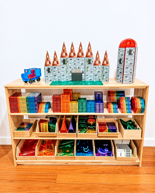 JORA 4 open-ended toy shelf styled with a magnetic-tile castle, learning toys and storage trays