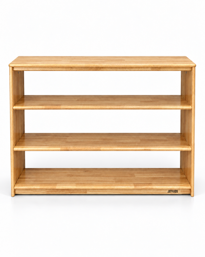 JORA 4 empty four-tier open-ended rubberwood toy shelf on a white studio background