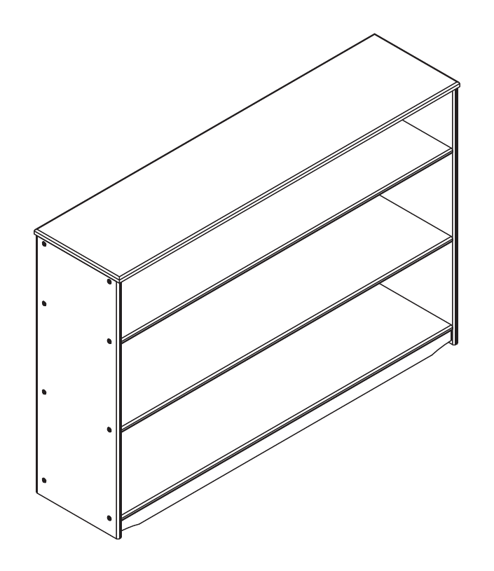 Line drawing of the JORA 4 open-ended toy shelf from the assembly instructions — four tiers between two side panels, seen from the front and open straight through to the back
