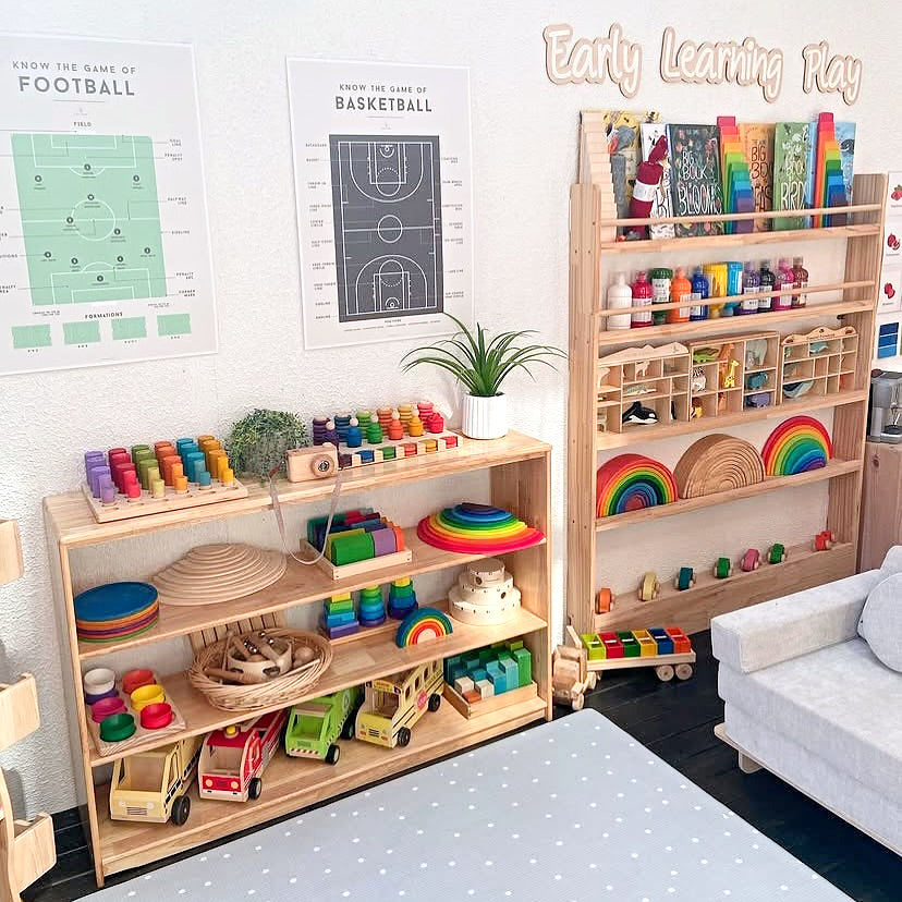 JORA 4 open-ended toy shelf and a front-facing bookshelf in a bright early learning play space
