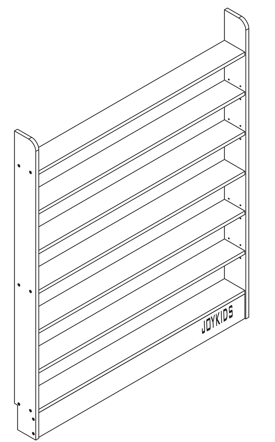 JORA 7 design drawing: a slim-line wall toy shelf, 145 cm tall, 120 cm wide, 12 cm deep, with seven shelves, four of them adjustable in 10 cm steps