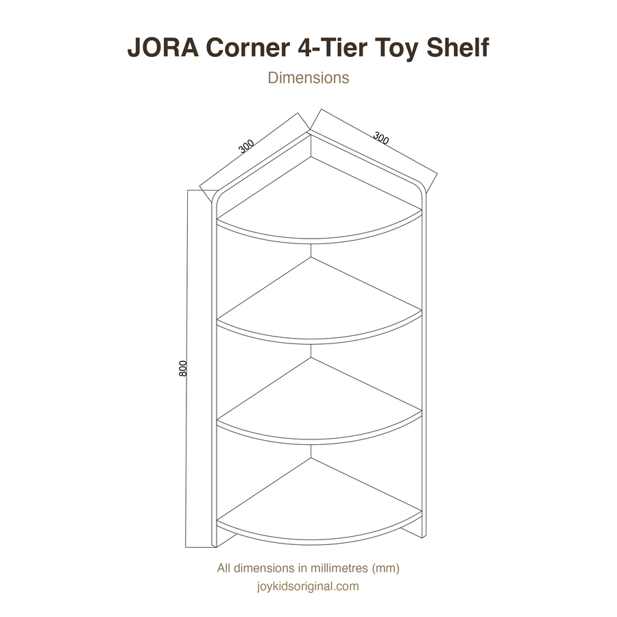 JORA Corner 4-Tier dimension drawing: a quarter-round corner shelf, 300 mm on each wall and 800 mm tall, with four shelves