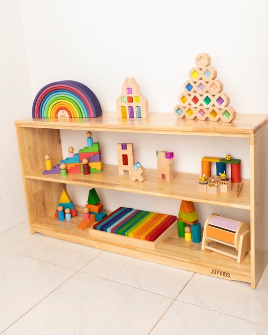 JORA 3 three-tier open-ended wooden toy shelf in FSC-certified rubberwood, 116 × 30 × 60cm