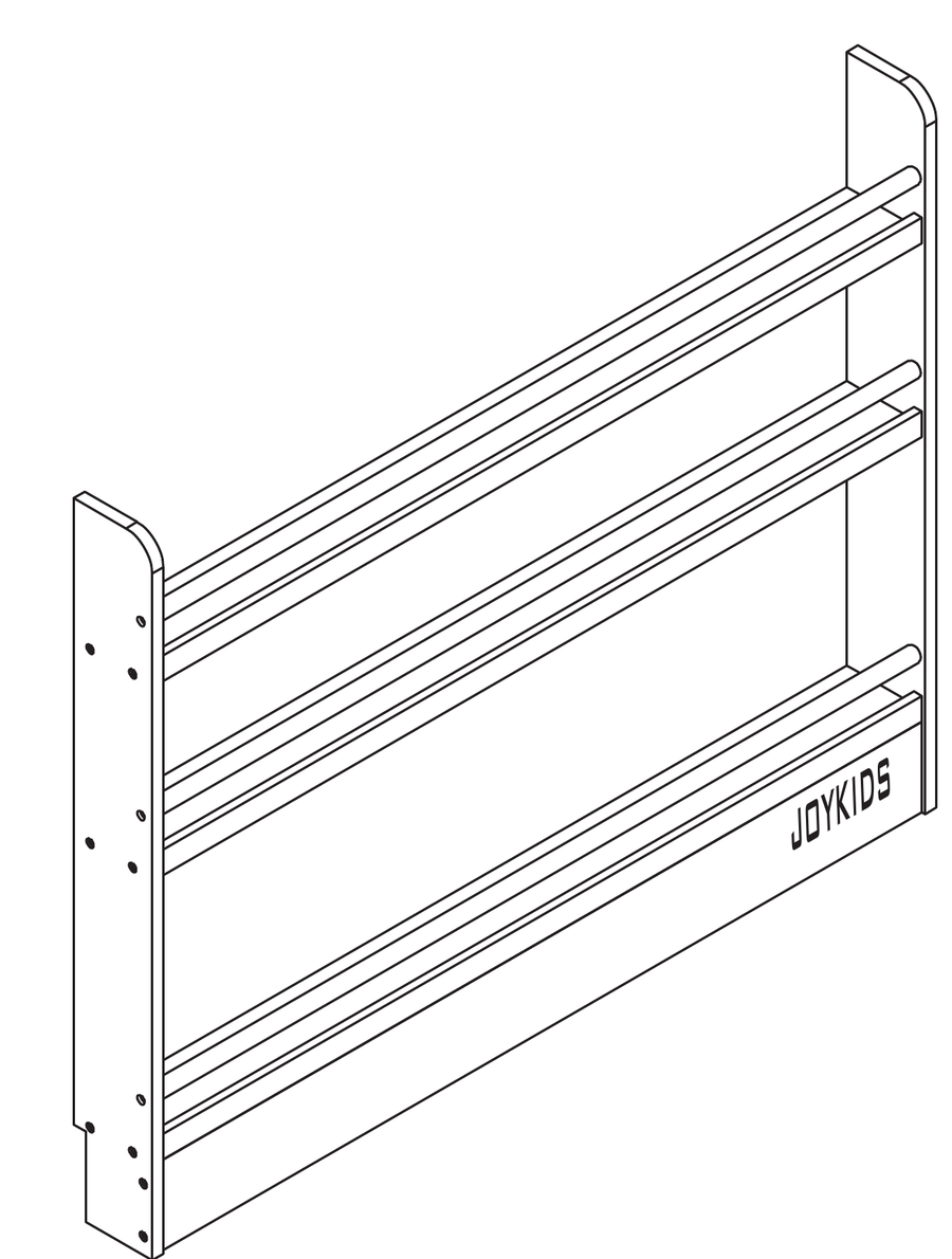 JORY 3 design drawing: a three-tier front-facing bookshelf, 95 cm tall, 120 cm wide, 12 cm deep, with tiers of 18, 24 and 36 cm from top to bottom