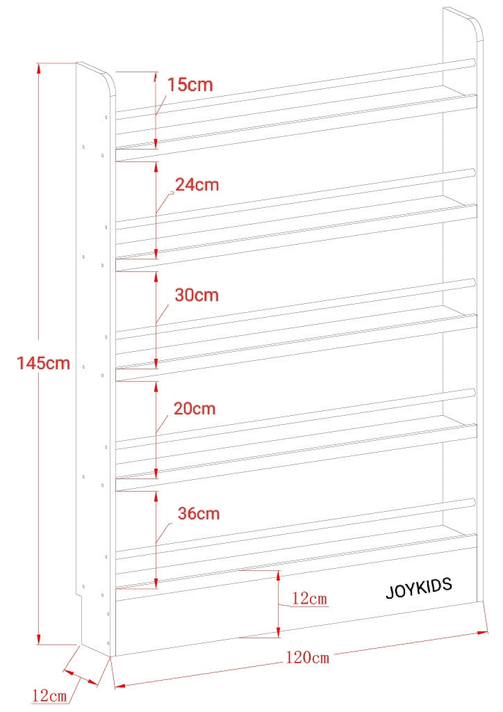 JORY 5 design drawing: five tier heights measured from real children's books — 15, 24, 30, 20 and 36 cm from top to bottom, 145 cm tall, 120 cm wide, 12 cm deep