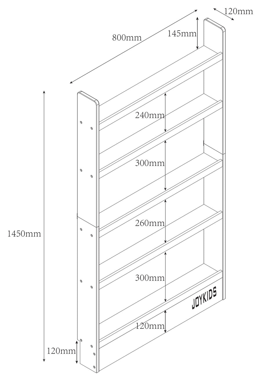 JORY Slim tier heights: 14.5, 24, 30, 26 and 30 cm, 145 cm tall, 80 cm wide, 12 cm deep