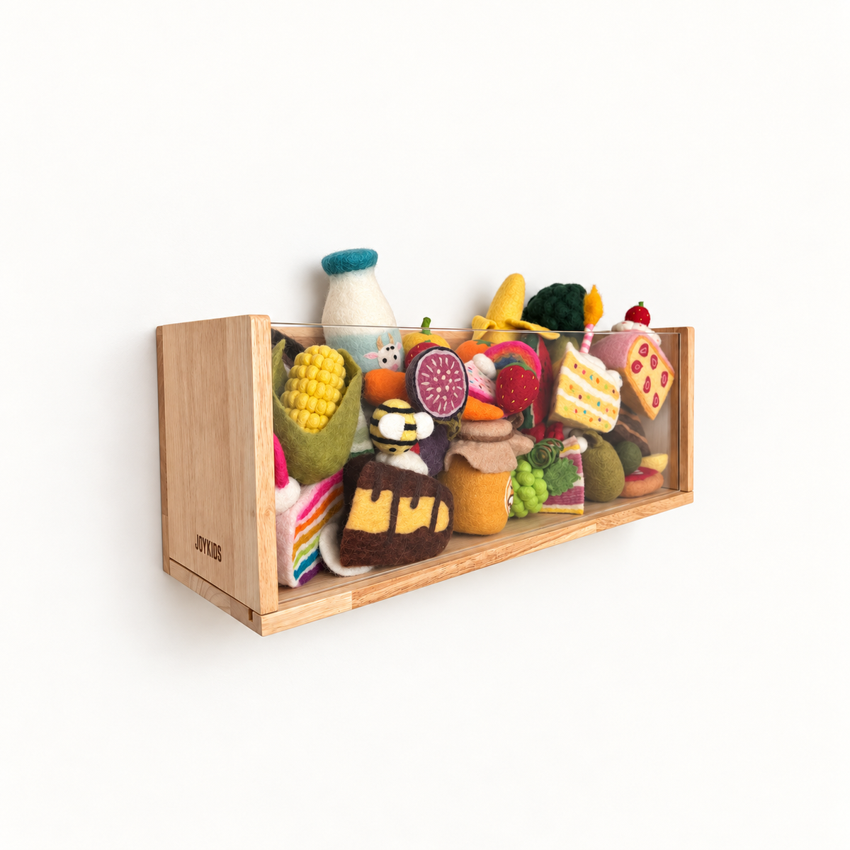 JOYKIDS wood-framed acrylic storage box filled with colourful felt play food