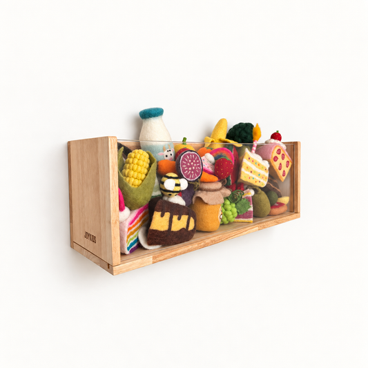 JOYKIDS wood-framed acrylic storage box filled with colourful felt play food