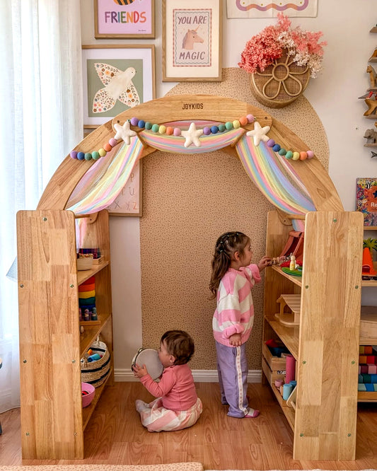 JoyNOOK combined library, toy shelf and play-shop station in solid rubberwood