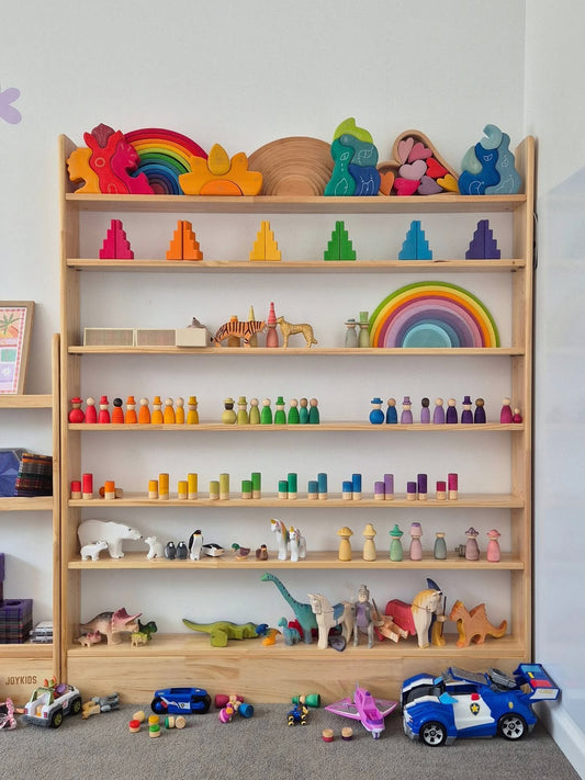 7 Tier Slim-Line Toy Shelf (Adjustable) - Varnished SolidWood