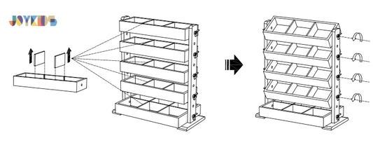 Convertible wooden organiser with adjustable slot sizes and tilt for display