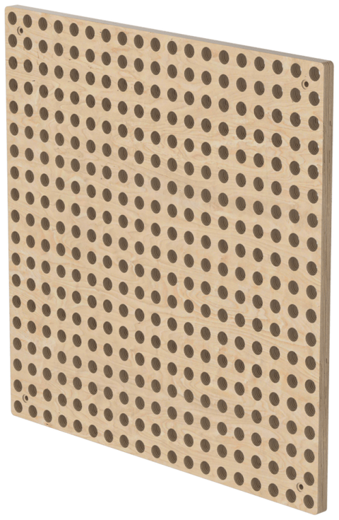 A single WonderWall pegboard tile in birch ply, 48 x 48 cm, showing the grid of 15 mm holes